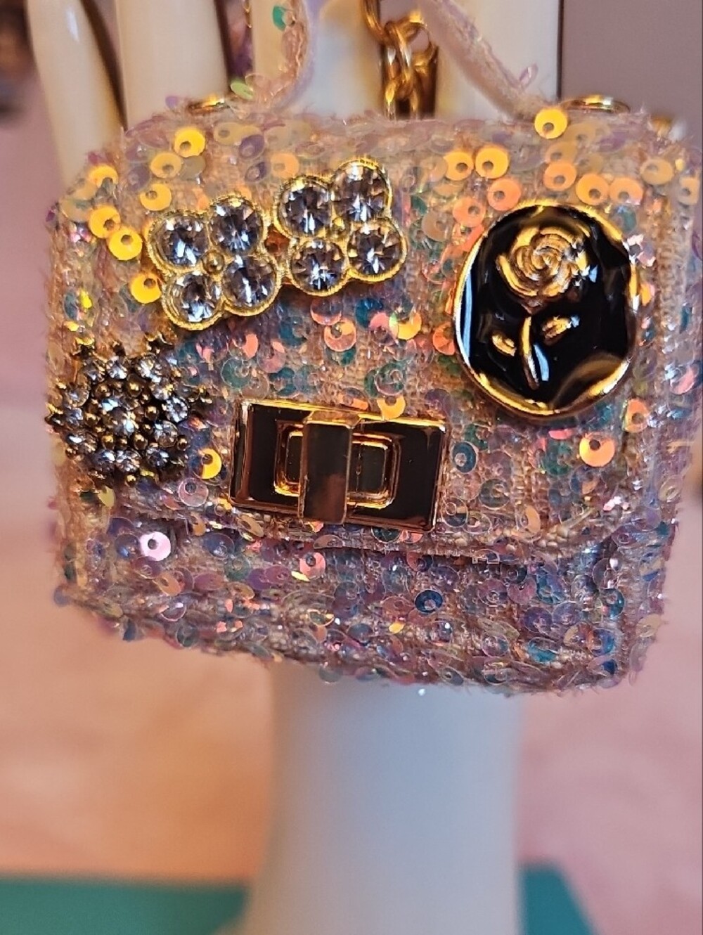 CHARMS: Pink Sequin Mini Bag Charm Keychain with Beaded Strap - Picture 5 of 5